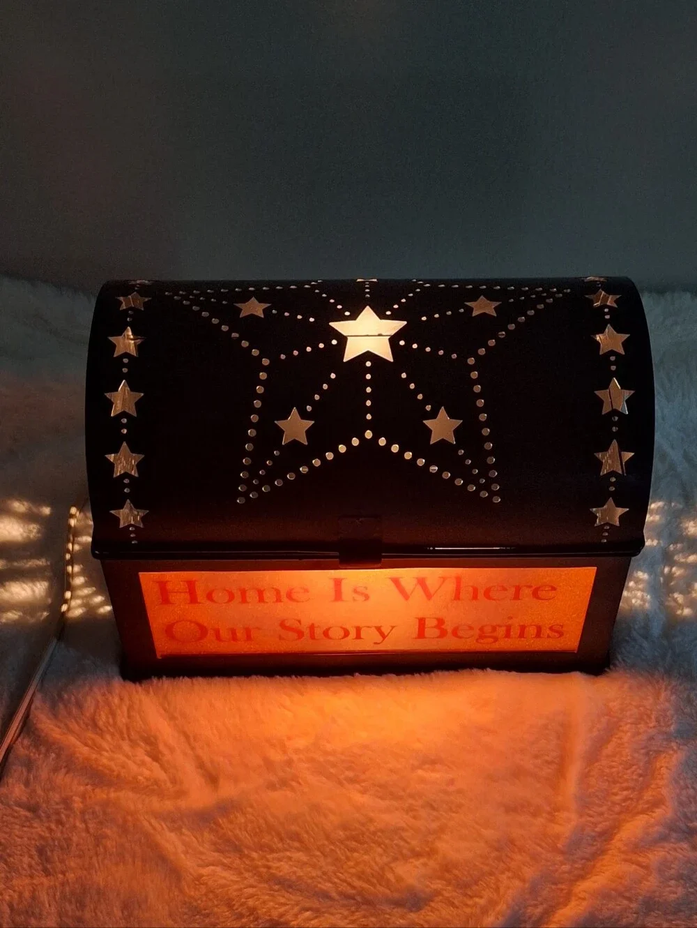 Rustic Black Punched Tin Accent/Nightlight Etched Glass Stars Primitive Decor